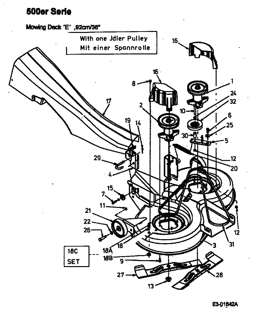 MTD Артикул 13AP518E678 (год выпуска 2002). Дека газонокосилки E, 1. Generation with one idler pulley only (till 2002)