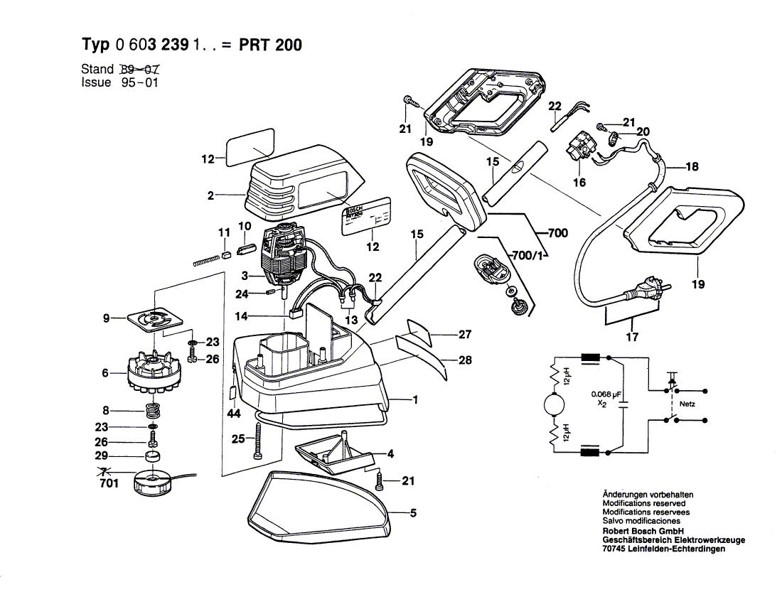 для триммера для травы Bosch PRT 200 220 V 0603239103, деталировка 1