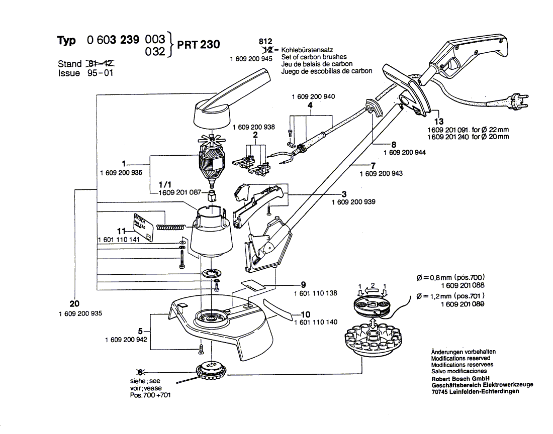 для триммера для травы Bosch PRT 230 220 V 0603239003, деталировка 1