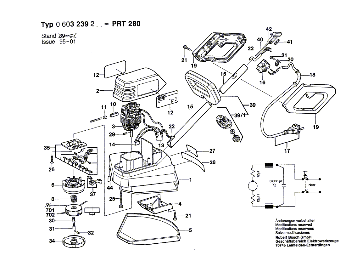 для триммера для травы Bosch PRT 280 220 V 0603239203, деталировка 1