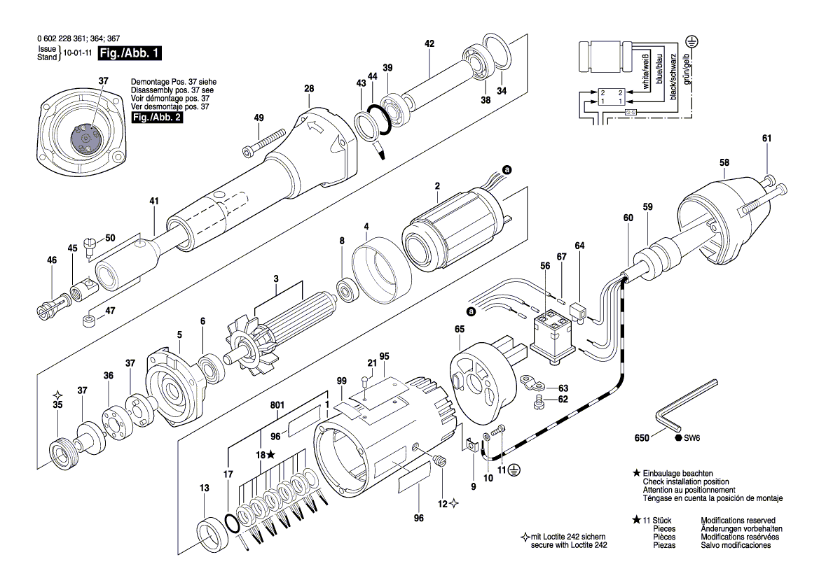 для прямой шлифовальной машины Bosch 265 V 0602228361, деталировка 1