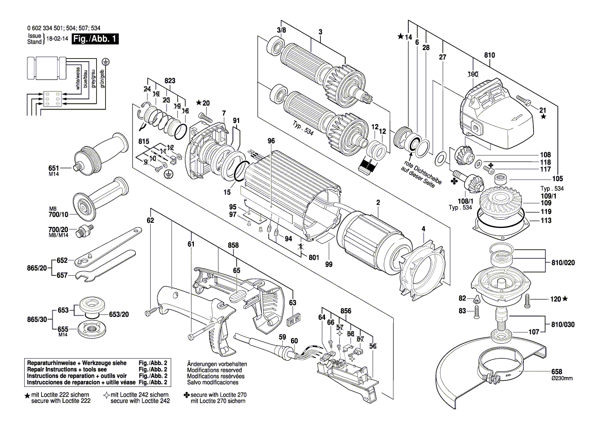 для угловой шлифмашины Bosch HWS 810/230 0602334507, деталировка 1