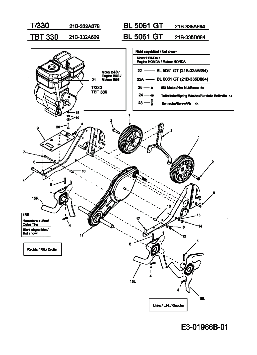 MTD Артикул 21B-332A678 (год выпуска 2006). Фрезы культиватора, двигатель, колеса