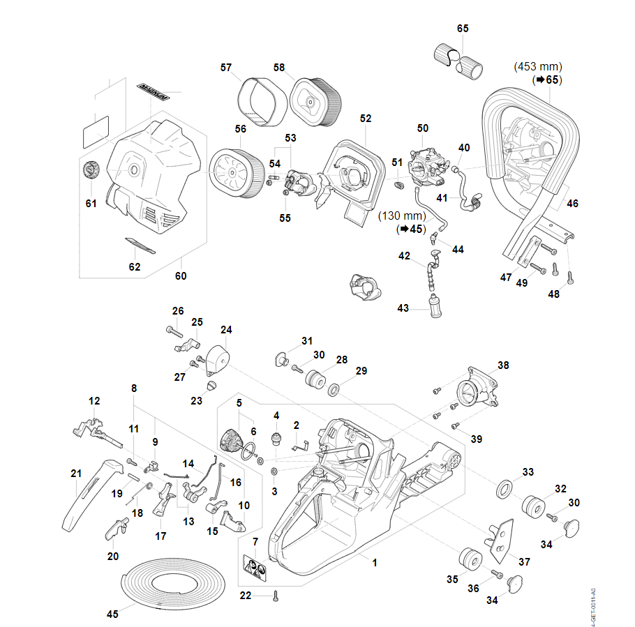 4 | Корпус топливного бака, Фильтр, Резиновый буфер, Трубчатая рукоятка MS 881 | MS 881 | Бензопила STIHL