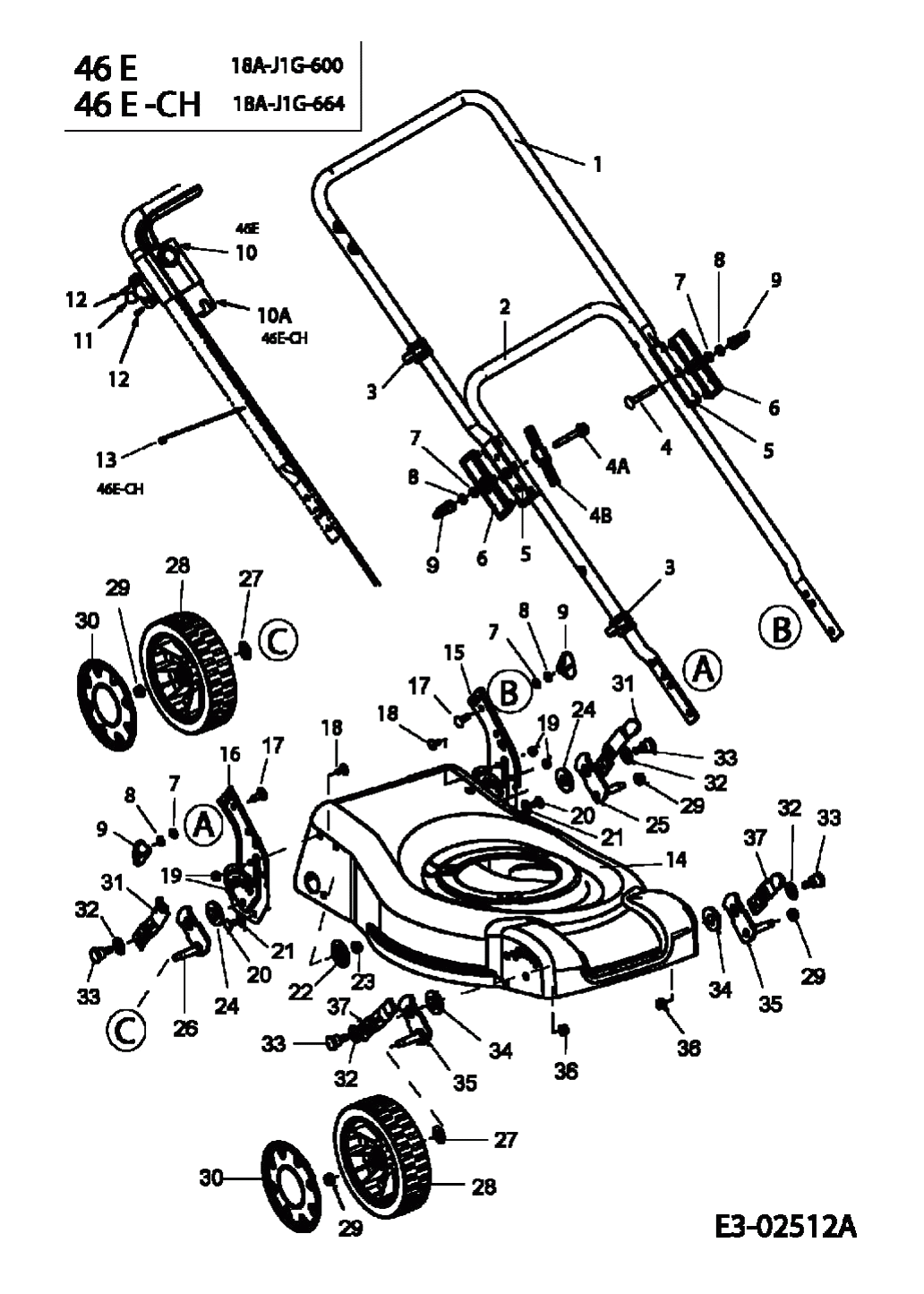 MTD Артикул 18A-J1G-600 (год выпуска 2005). Ручка, колеса, регулятор высоты реза
