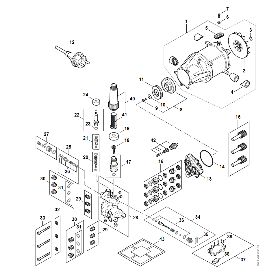 1 | Электродвигатель, Соединительный провод, Клапанный блок, Насос RE 170 | RE 170 | Мойка высокого давления STIHL