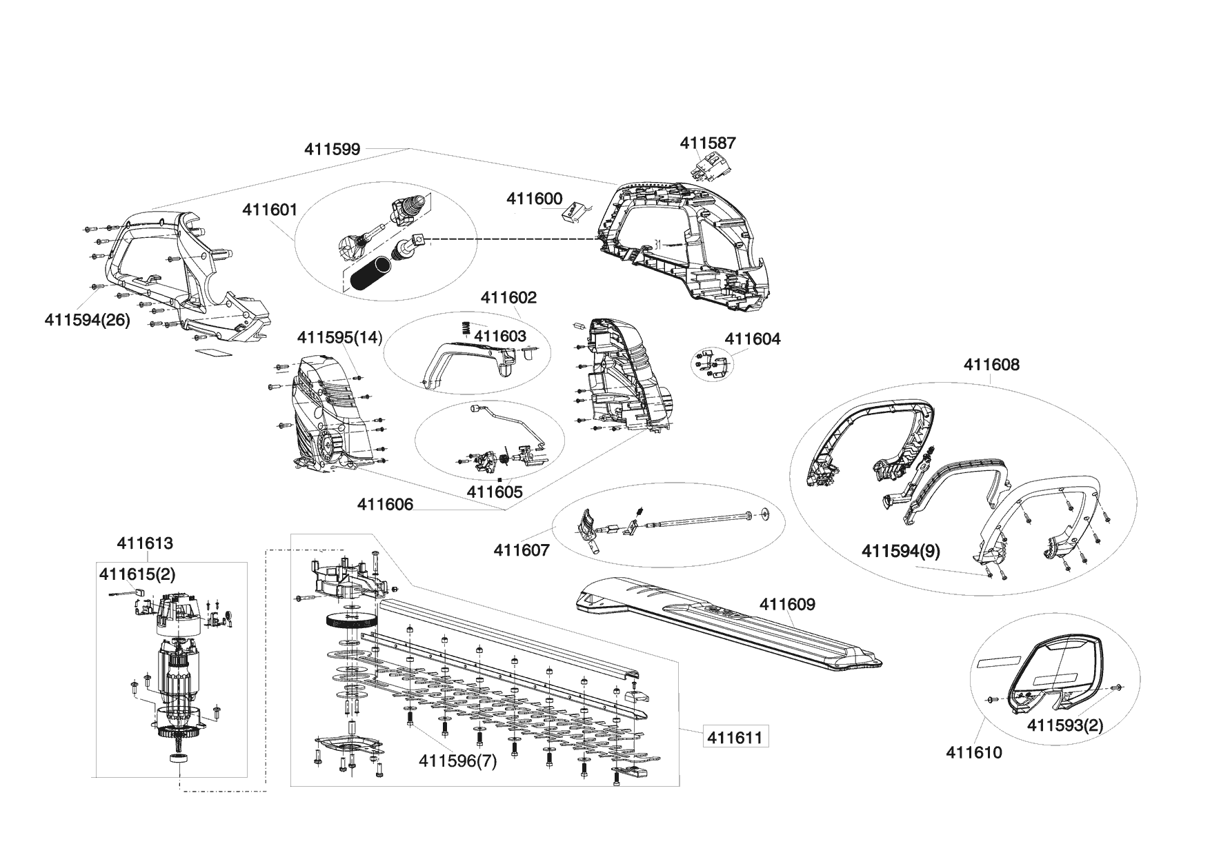 1 ЭЛЕКТРОДВИГАТЕЛЬ, НОЖИ, ЩЕТКИ AL-KO кусторез HT 600 Flexible Cut Артикул: 112681 с 10/2009 по 08/2010 года Запчасти