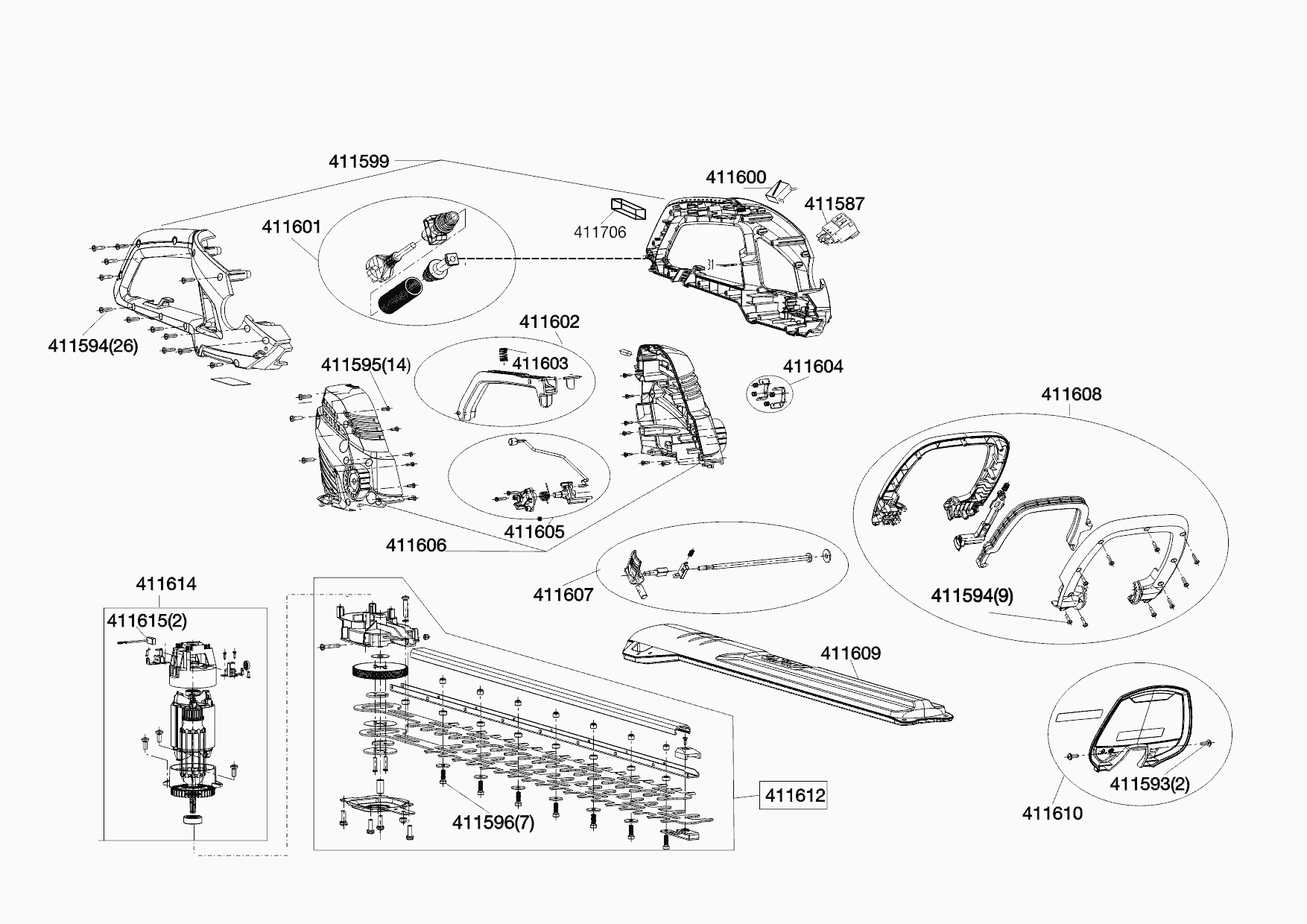 1 ЭЛЕКТРОДВИГАТЕЛЬ, НОЖИ, ЩЕТКИ AL-KO кусторез HT 700 Flexible Cut Артикул: 112678 с 08/2010 года Запчасти