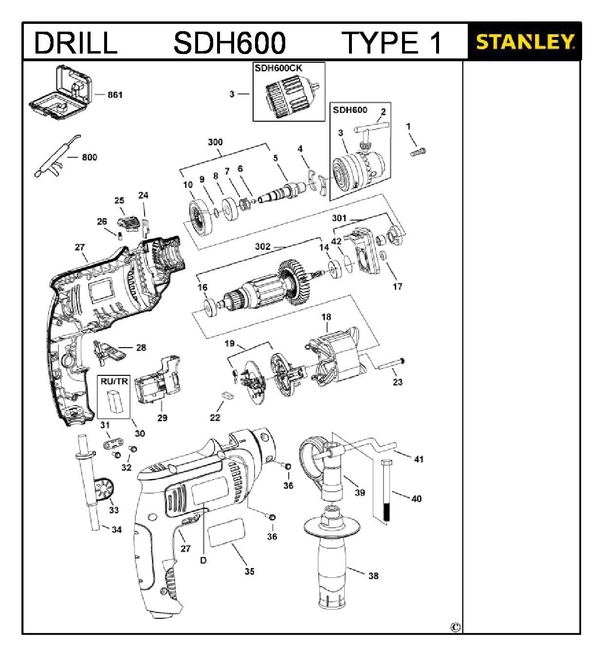 ЗАПЧАСТИ ДЛЯ ДРЕЛИ УДАРНОЙ ЭЛЕКТРИЧЕСКОЙ STANLEY SDH600 TYPE 1