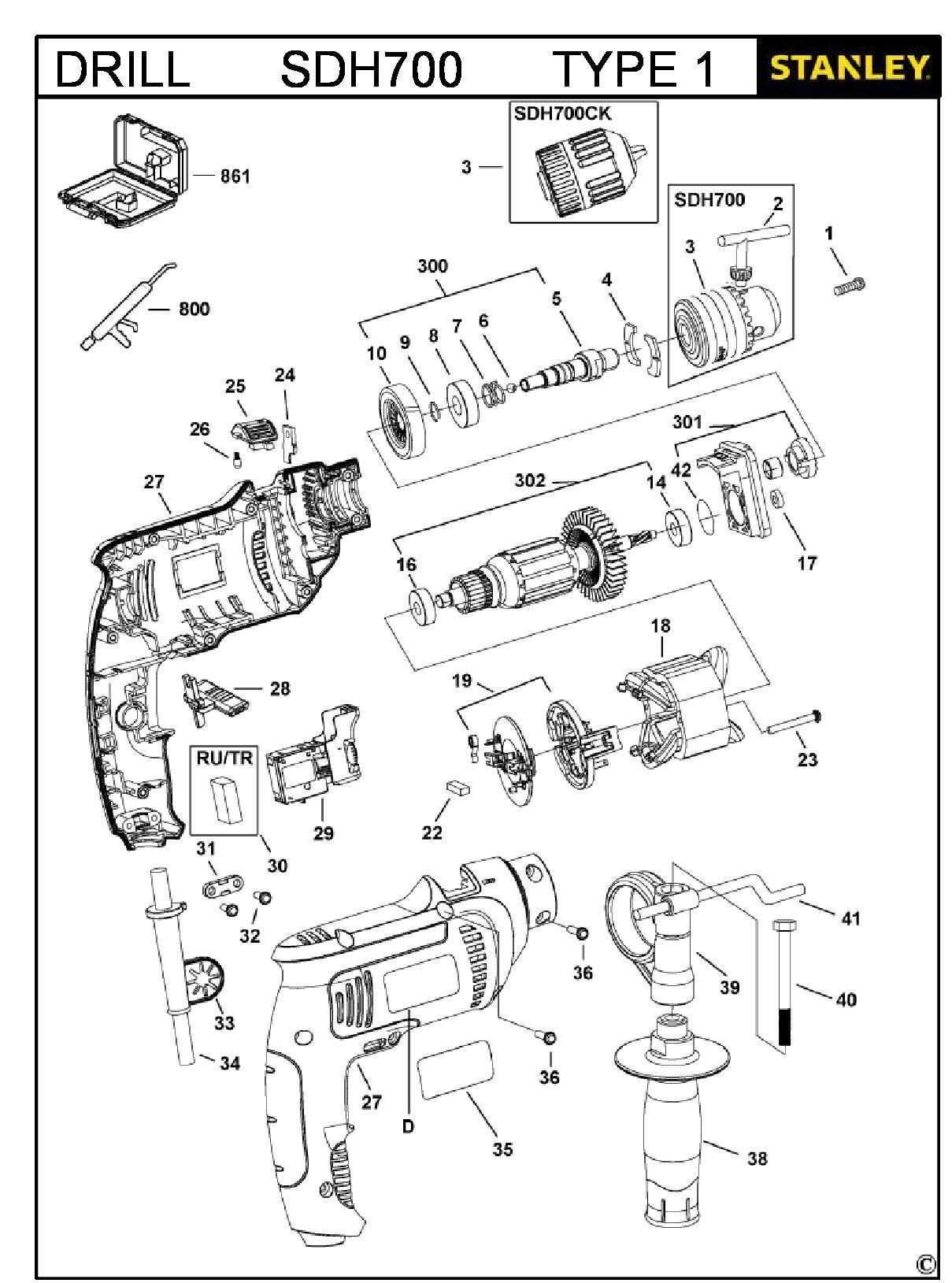 ЗАПЧАСТИ ДЛЯ ДРЕЛИ УДАРНОЙ ЭЛЕКТРИЧЕСКОЙ STANLEY SDH700 TYPE 1