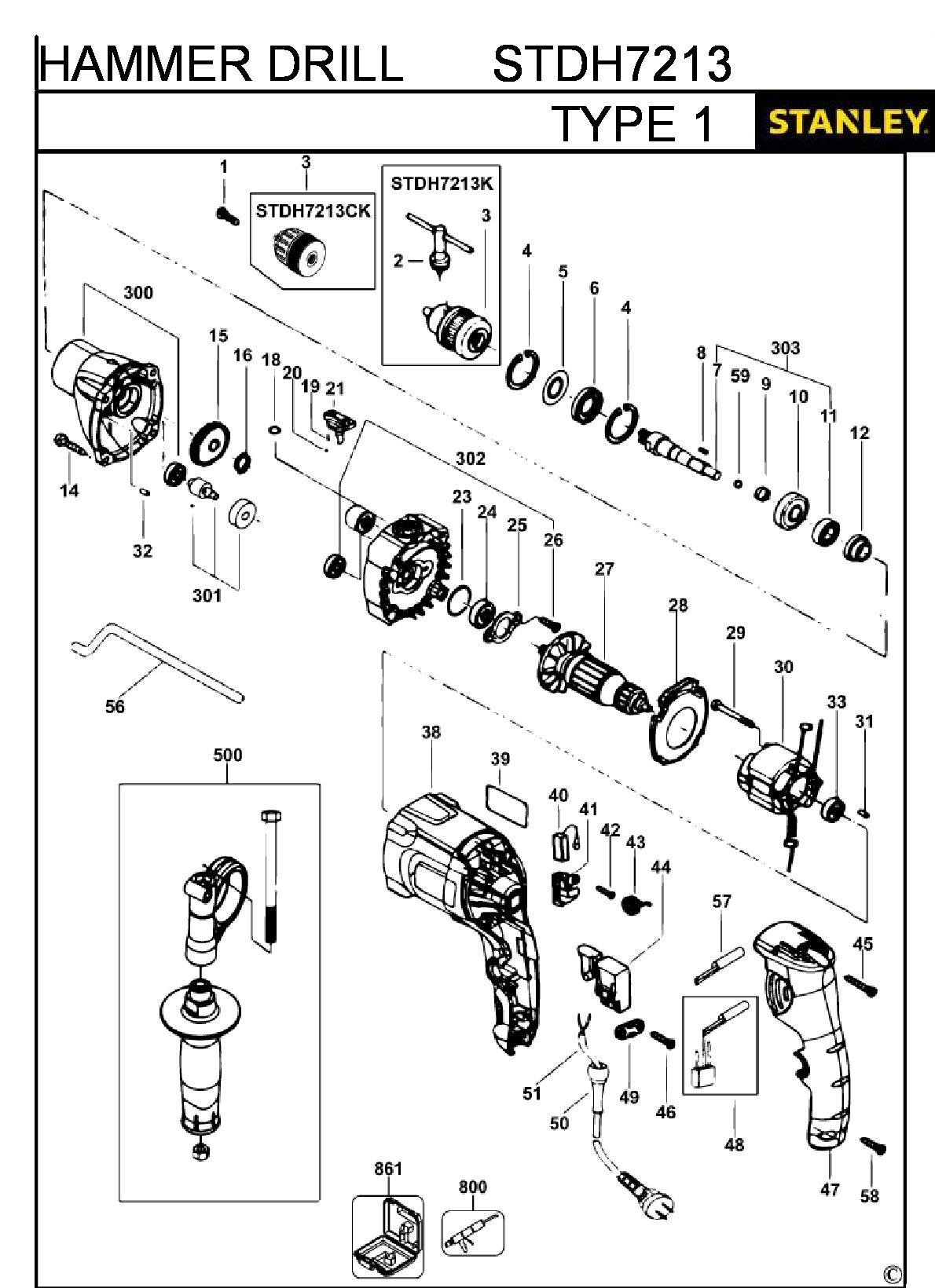 ЗАПЧАСТИ ДЛЯ ДРЕЛИ УДАРНОЙ ЭЛЕКТРИЧЕСКОЙ STANLEY STDH7213 TYPE 1