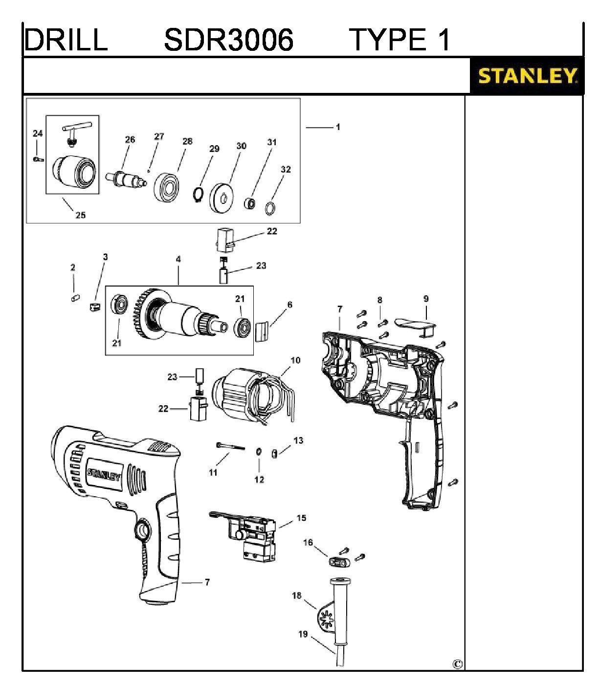 ЗАПЧАСТИ ДЛЯ ДРЕЛИ ЭЛЕКТРИЧЕСКОЙ STANLEY SDR3006 TYPE 1