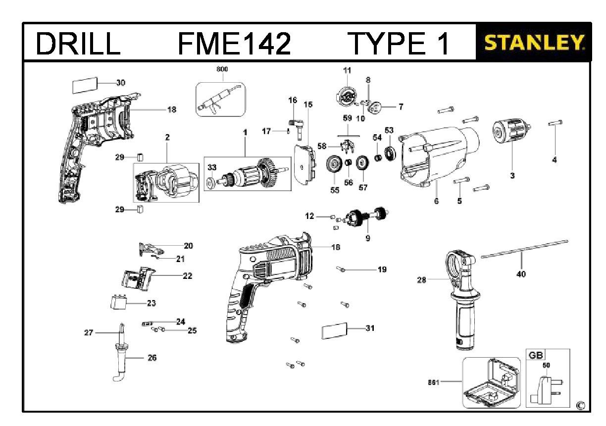 ЗАПЧАСТИ ДЛЯ ДРЕЛИ-ШУРУПОВЕРТА ЭЛЕКТРИЧЕСКОГО STANLEY FME142 TYPE 1