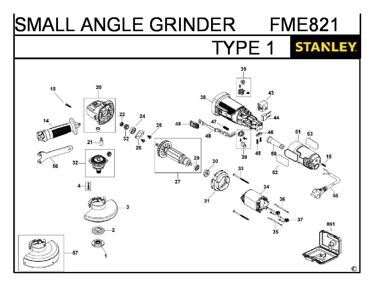 ЗАПЧАСТИ ДЛЯ МАШИНЫ ШЛИФОВАЛЬНОЙ УГЛОВОЙ ЭЛЕКТРИЧЕСКОЙ STANLEY FME821 TYPE 1