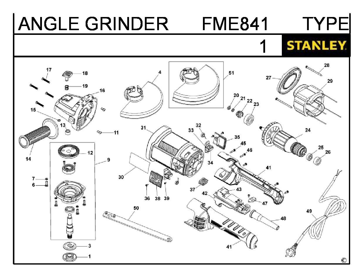 ЗАПЧАСТИ ДЛЯ МАШИНЫ ШЛИФОВАЛЬНОЙ УГЛОВОЙ ЭЛЕКТРИЧЕСКОЙ STANLEY FME841 TYPE 1