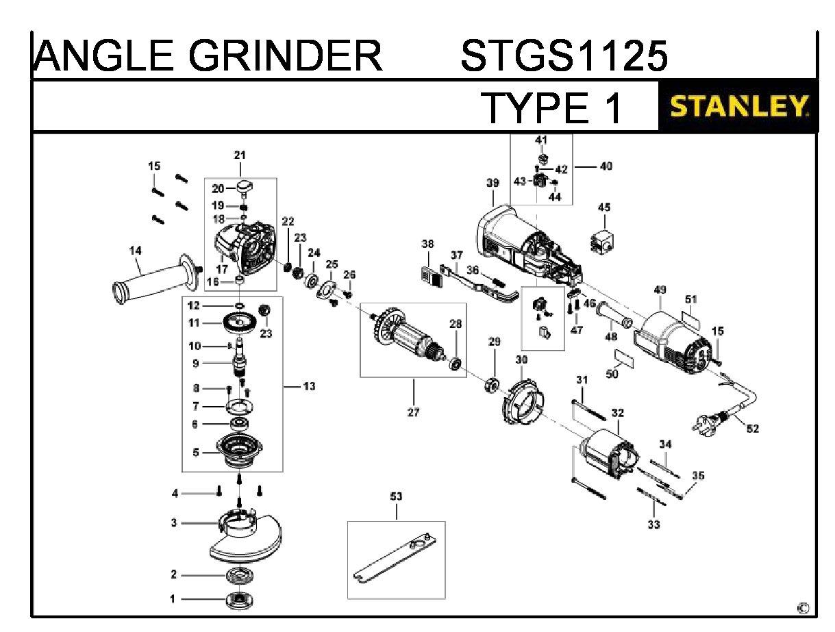 ЗАПЧАСТИ ДЛЯ МАШИНЫ ШЛИФОВАЛЬНОЙ УГЛОВОЙ ЭЛЕКТРИЧЕСКОЙ STANLEY STGS1125 TYPE 1