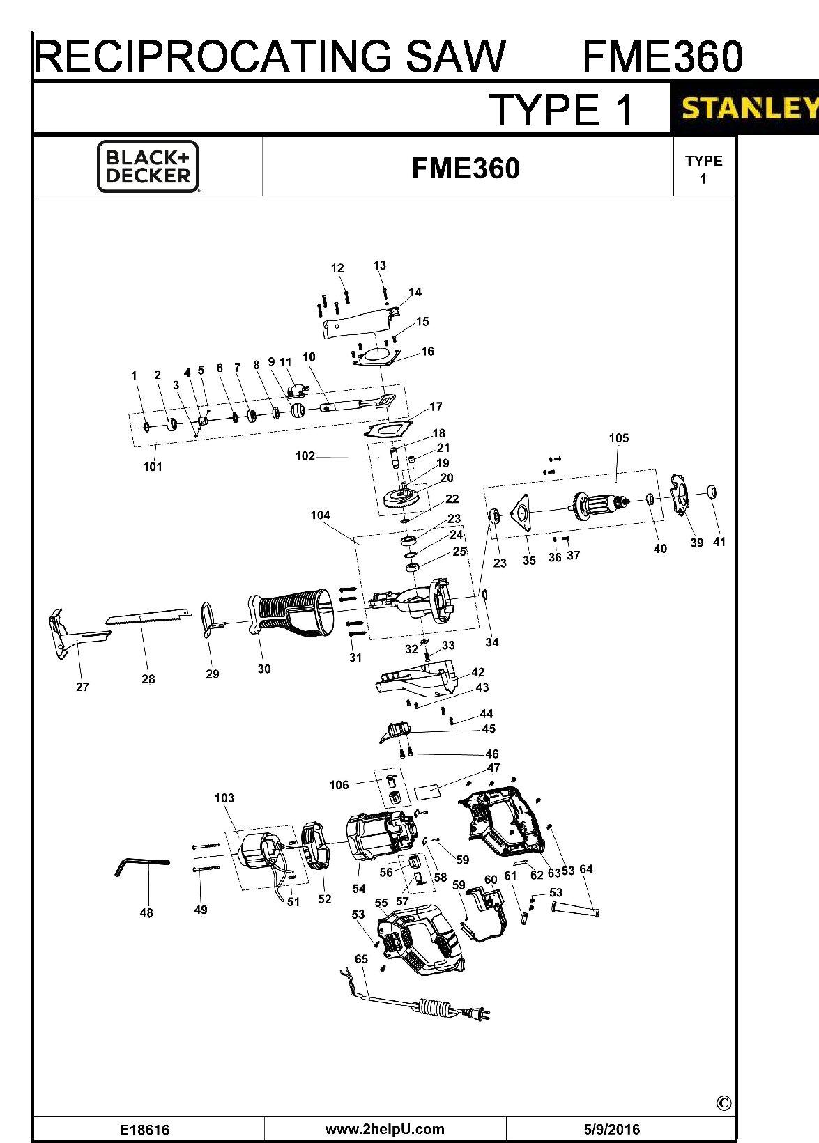 ЗАПЧАСТИ ДЛЯ ПИЛЫ САБЕЛЬНОЙ ЭЛЕКТРИЧЕСКОЙ STANLEY FME360 TYPE 1