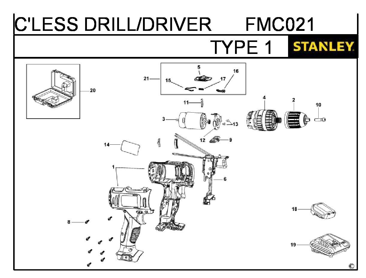 ЗАПЧАСТИ ДЛЯ ДРЕЛИ-ШУРУПОВЕРТА АККУМУЛЯТОРНОГО STANLEY FMC021 TYPE 1