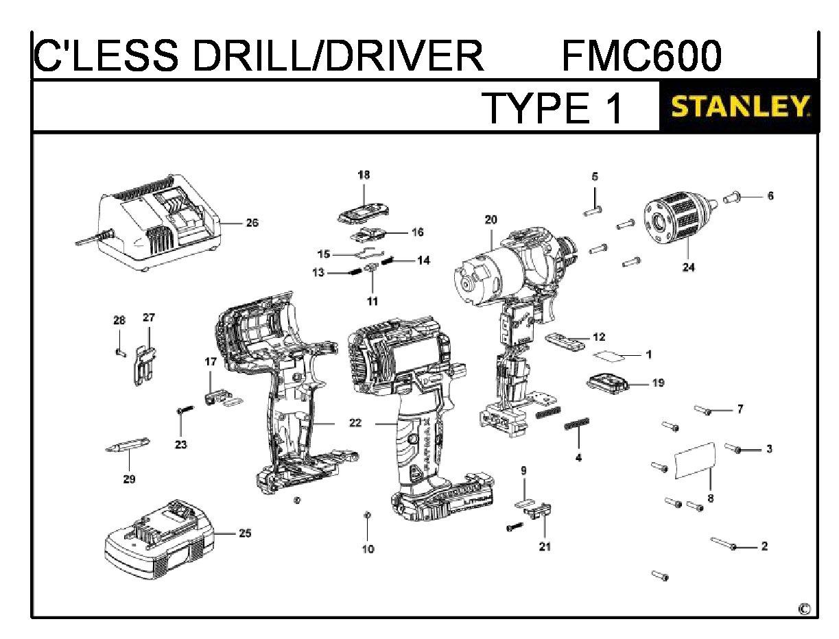 ЗАПЧАСТИ ДЛЯ ДРЕЛИ-ШУРУПОВЕРТА АККУМУЛЯТОРНОГО STANLEY FMC600 TYPE 1