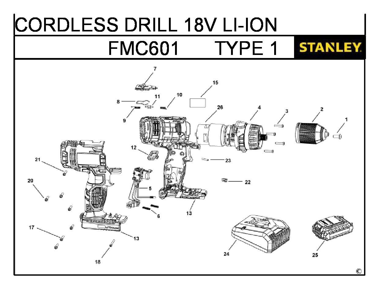 ЗАПЧАСТИ ДЛЯ ДРЕЛИ-ШУРУПОВЕРТА АККУМУЛЯТОРНОГО STANLEY FMC601 TYPE 1 (18В)