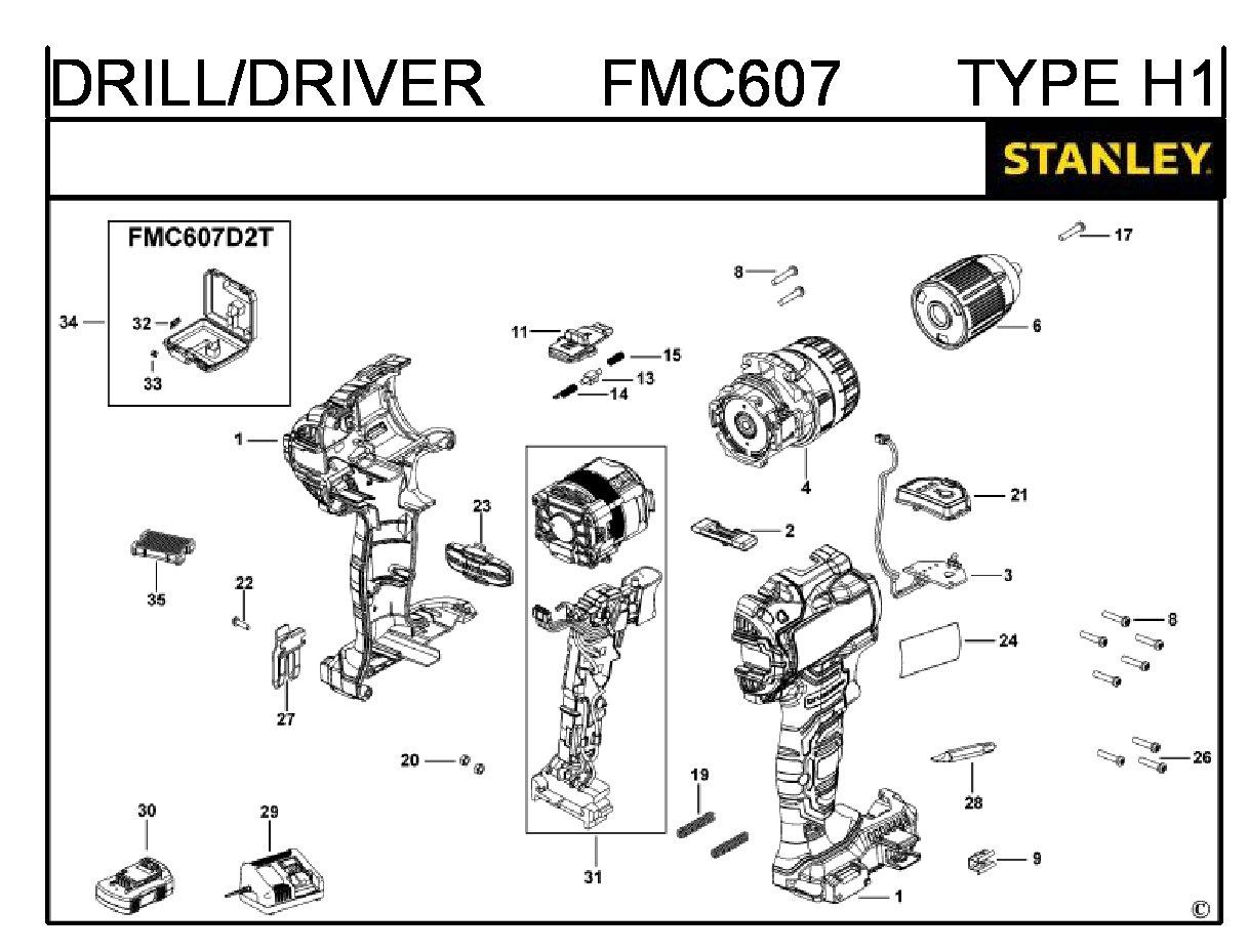 ЗАПЧАСТИ ДЛЯ ДРЕЛИ-ШУРУПОВЕРТА АККУМУЛЯТОРНОГО STANLEY FMC607 TYPE H1