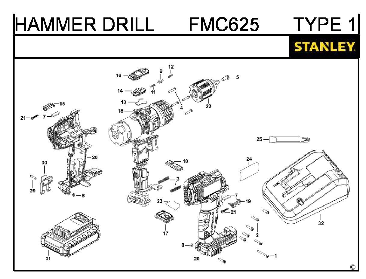 ЗАПЧАСТИ ДЛЯ ДРЕЛИ-ШУРУПОВЕРТА АККУМУЛЯТОРНОГО STANLEY FMC625 TYPE 1