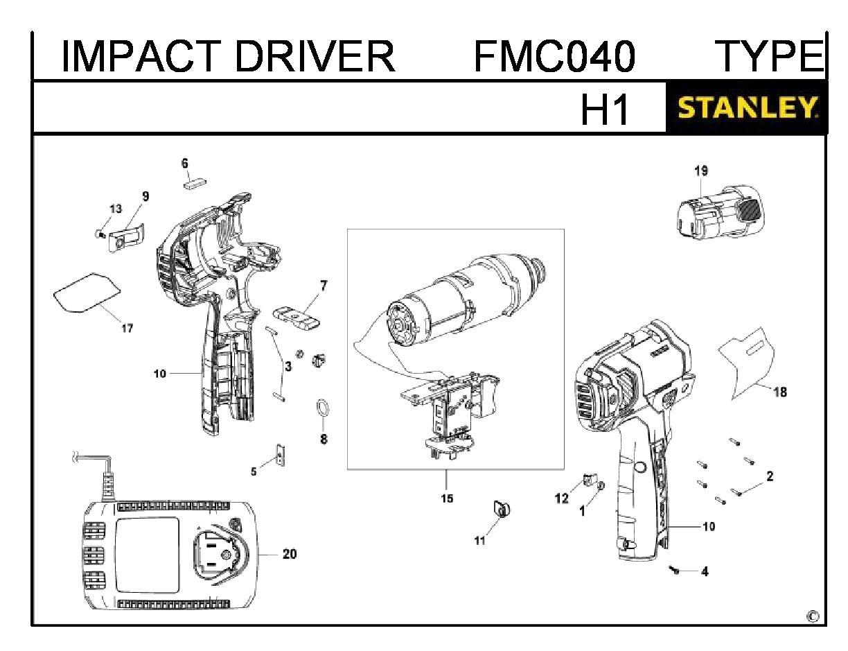 ЗАПЧАСТИ ДЛЯ ДРЕЛИ-ШУРУПОВЕРТА УДАРНОГО АККУМУЛЯТОРНОГО STANLEY FMC040 TYPE H1