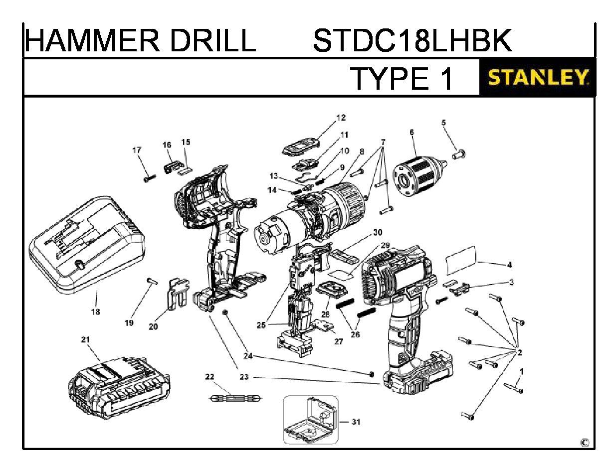 ЗАПЧАСТИ ДЛЯ ДРЕЛИ-ШУРУПОВЕРТА УДАРНОГО АККУМУЛЯТОРНОГО STANLEY STDC18LHBK TYPE 1