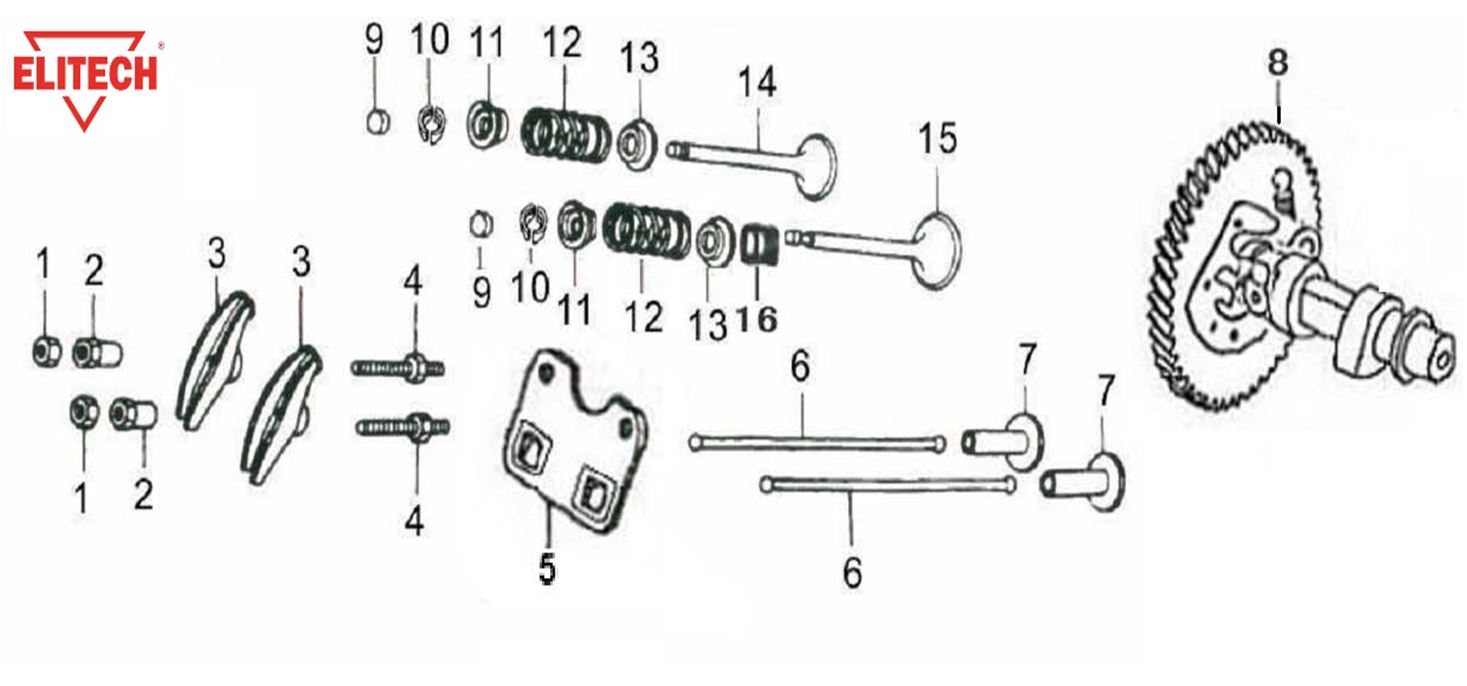 ЗАПЧАСТИ ДЛЯ ГЕНЕРАТОРА БЕНЗИНОВОГО ELITECH БЭС 6500РТ (ВАЛ РАСПРЕДЕЛИТЕЛЬНЫЙ, КЛАПАНА)