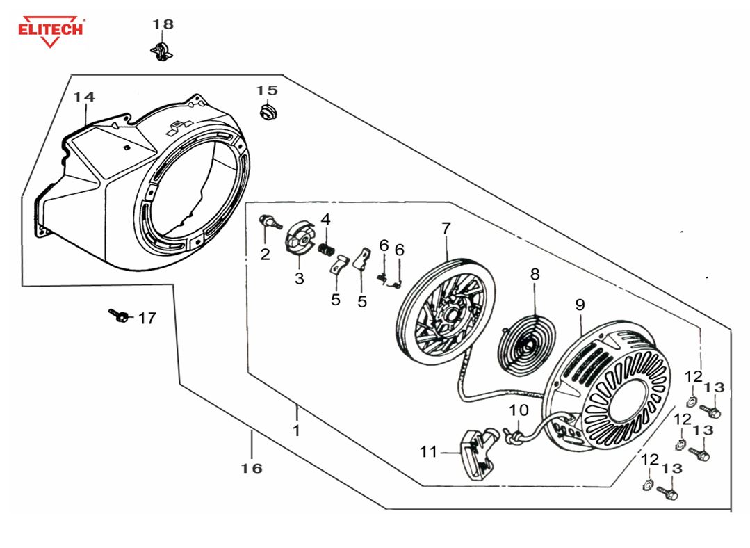 ЗАПЧАСТИ ДЛЯ ГЕНЕРАТОРА БЕНЗИНОВОГО ELITECH БЭС 6500РТ (СТАРТЕР РУЧНОЙ)