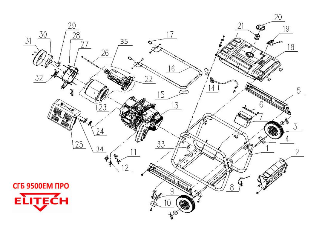 ЗАПЧАСТИ ДЛЯ ГЕНЕРАТОРА БЕНЗИНОВОГО ELITECH СГБ 9500ЕМ ПРО (ОБЩАЯ)