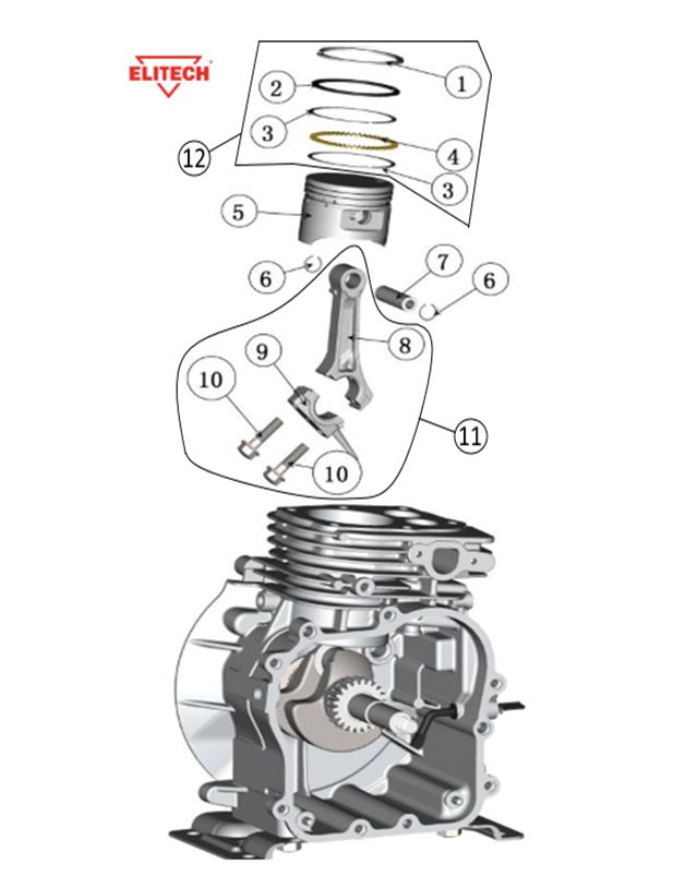 ЗАПЧАСТИ ДЛЯ МОТОПОМПЫ БЕНЗИНОВОЙ ELITECH МБ 210 Д 40 (ПОРШЕНЬ, КОЛЬЦА ПОРШНЕВЫЕ, ШАТУН)