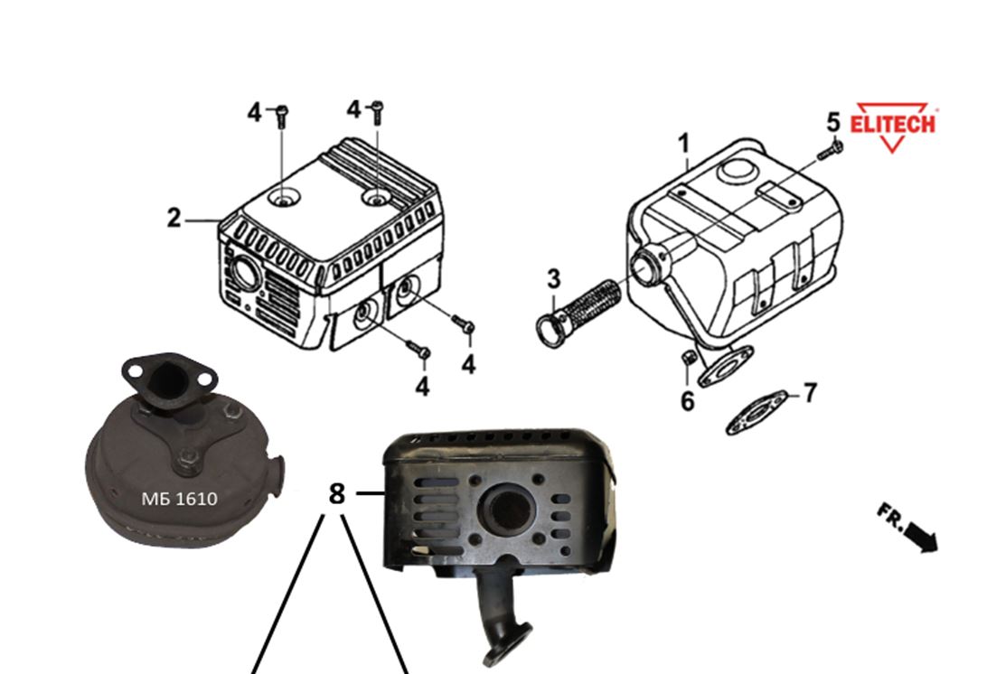 ЗАПЧАСТИ ДЛЯ МОТОПОМПЫ БЕНЗИНОВОЙ ELITECH МБ 810 Д 80 (ГЛУШИТЕЛЬ)