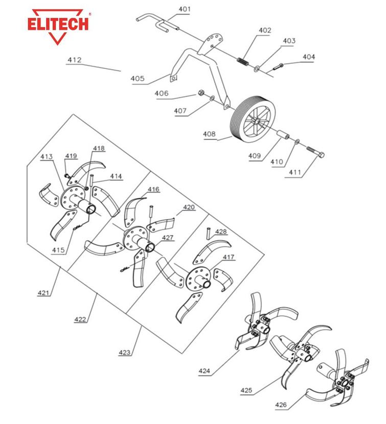ЗАПЧАСТИ ДЛЯ КУЛЬТИВАТОРА БЕНЗИНОВОГО ELITECH КБ 60Р (ШНЕК, КОЛЕСА)