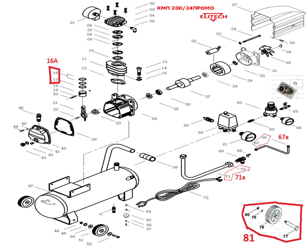 ЗАПЧАСТИ ДЛЯ КОМПРЕССОРА ПОРШНЕВОГО ELITECH КПМ 200/24 (E0503.001.00) ПРОМО (2019 ГОД)