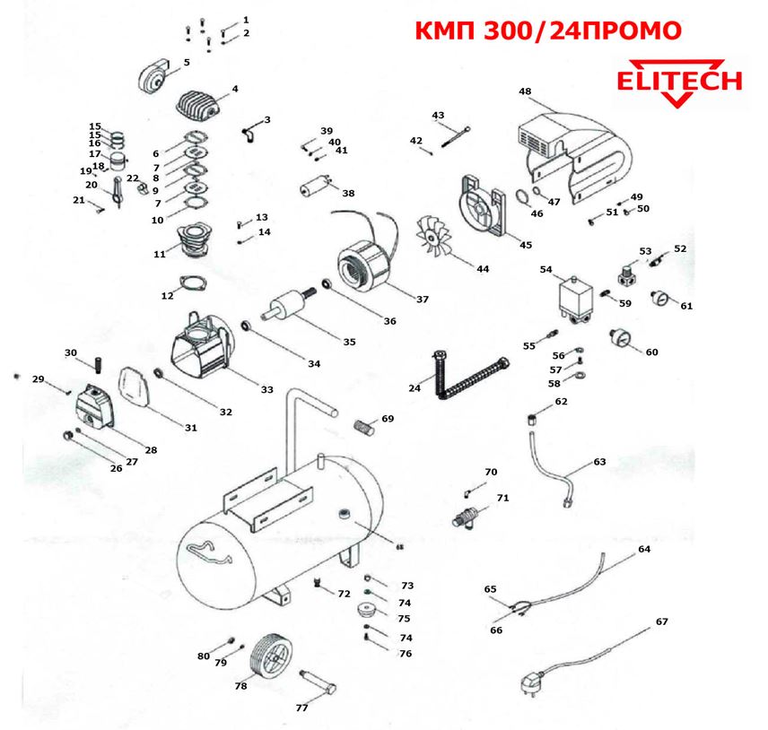 ЗАПЧАСТИ ДЛЯ КОМПРЕССОРА ПОРШНЕВОГО ELITECH КПМ 300/24 ПРОМО