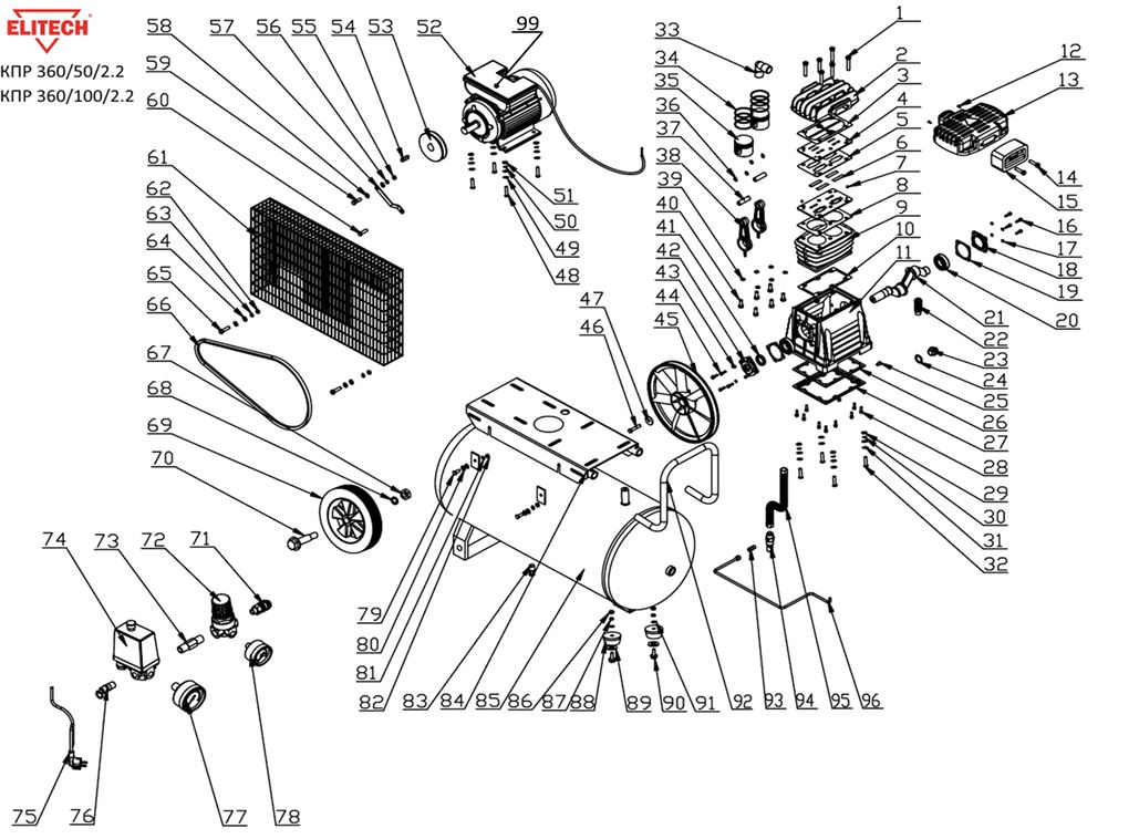ЗАПЧАСТИ ДЛЯ КОМПРЕССОРА ПОРШНЕВОГО ELITECH КПР 360/50/2.2