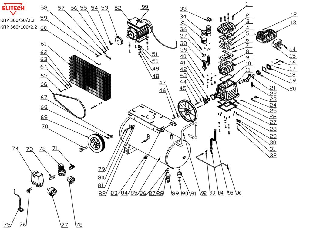 ЗАПЧАСТИ ДЛЯ КОМПРЕССОРА ПОРШНЕВОГО ELITECH КПР 360/100/2.2