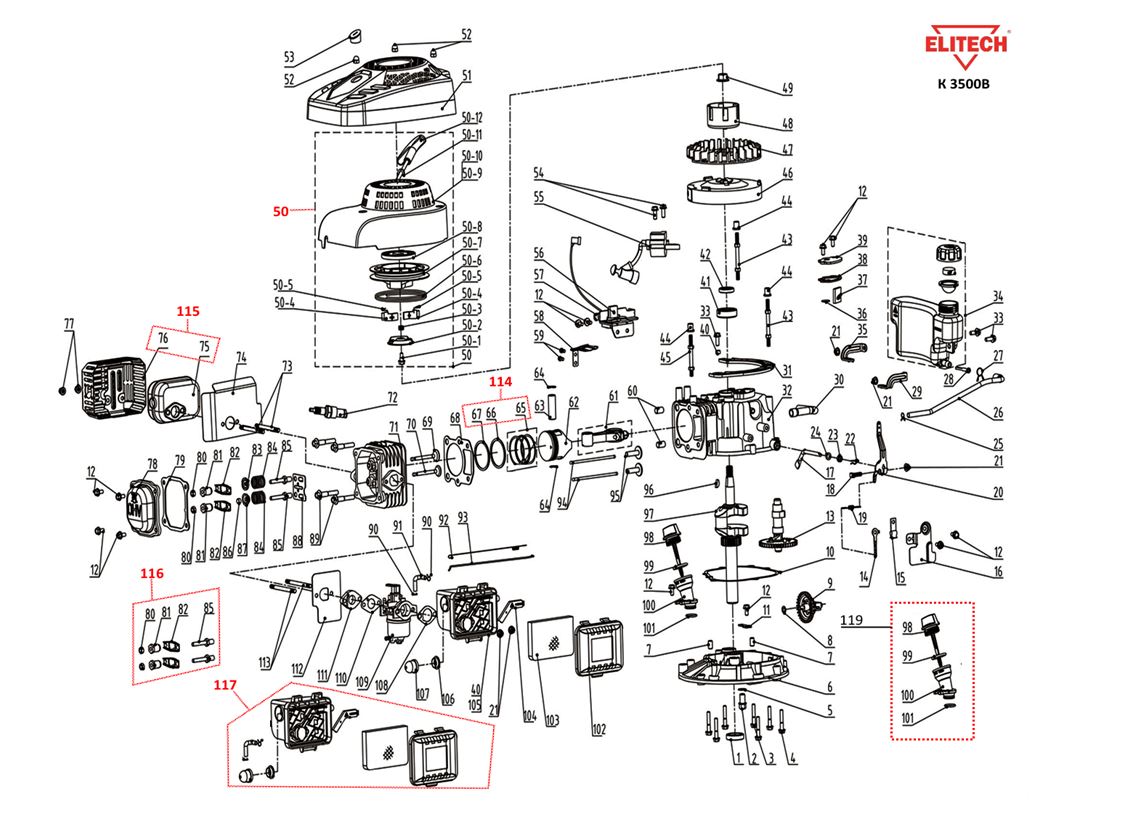 ЗАПЧАСТИ ДЛЯ ГАЗОНОКОСИЛКИ БЕНЗИНОВОЙ ELITECH К 3500В (ДВИГАТЕЛЬ)
