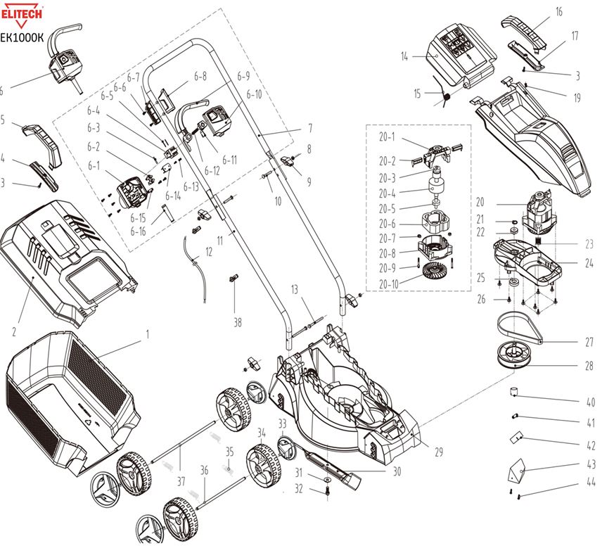 ЗАПЧАСТИ ДЛЯ ГАЗОНОКОСИЛКИ ЭЛЕКТРИЧЕСКОЙ ELITECH EK 1000К