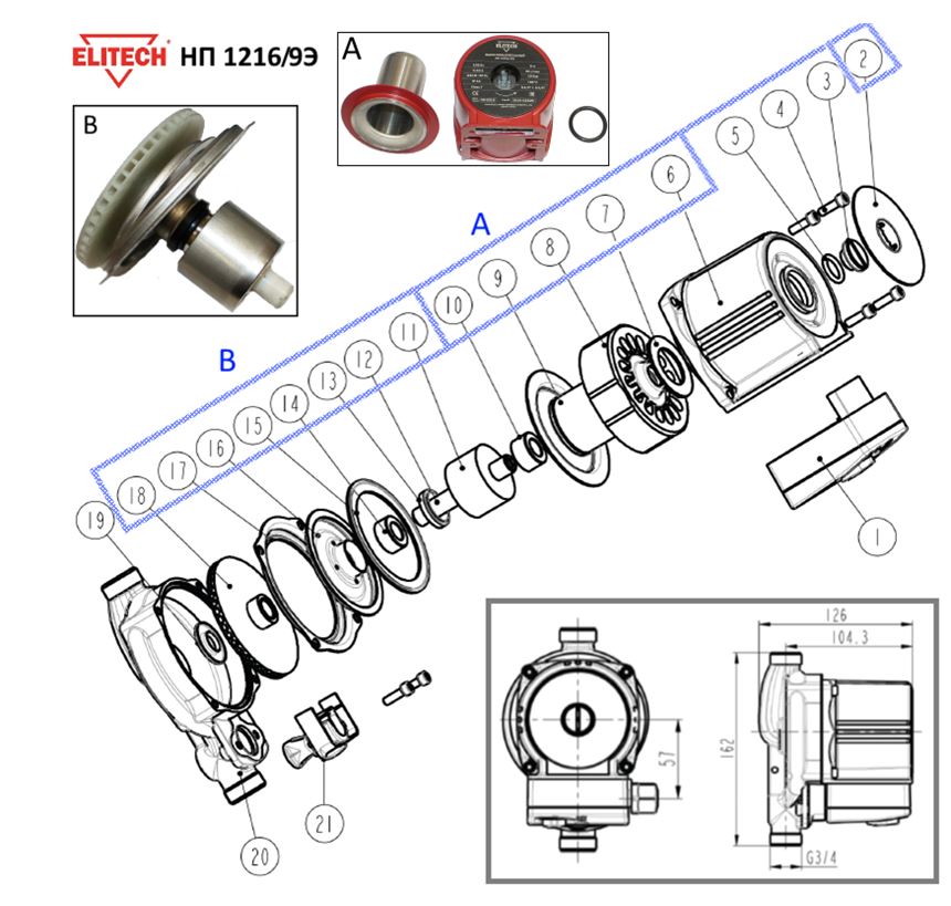 ЗАПЧАСТИ ДЛЯ НАСОСА ЦИРКУЛЯЦИОННОГО ELITECH НП 1216/9Э