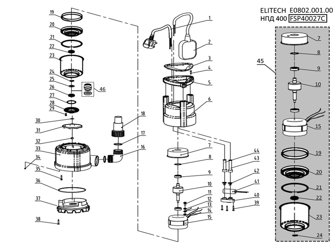 ЗАПЧАСТИ ДЛЯ НАСОСА ПОГРУЖНОГО ДЛЯ ЧИСТОЙ ВОДЫ ELITECH НПД 400 (E0802.001.00) (2020 ГОД)
