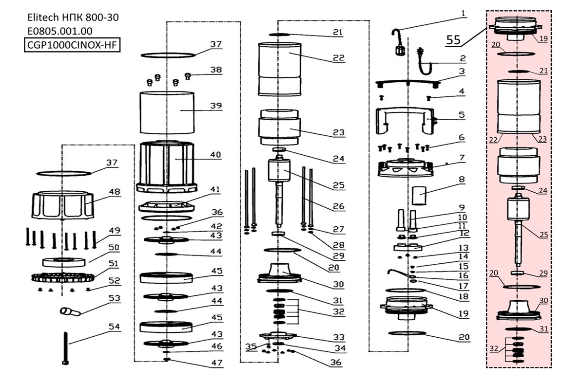 ЗАПЧАСТИ ДЛЯ НАСОСА ПОГРУЖНОГО ДЛЯ ЧИСТОЙ ВОДЫ ELITECH НПК 800-30 (Е0805.001.00) (2020 ГОД)