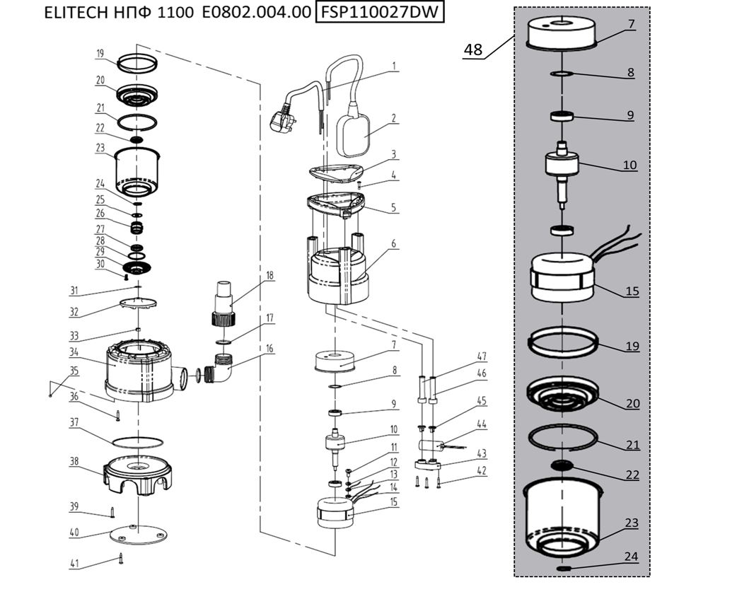 ЗАПЧАСТИ ДЛЯ НАСОСА ПОГРУЖНОГО ДЛЯ ГРЯЗНОЙ ВОДЫ ELITECH НПФ 1100 (E0802.004.00) (2020 ГОД)
