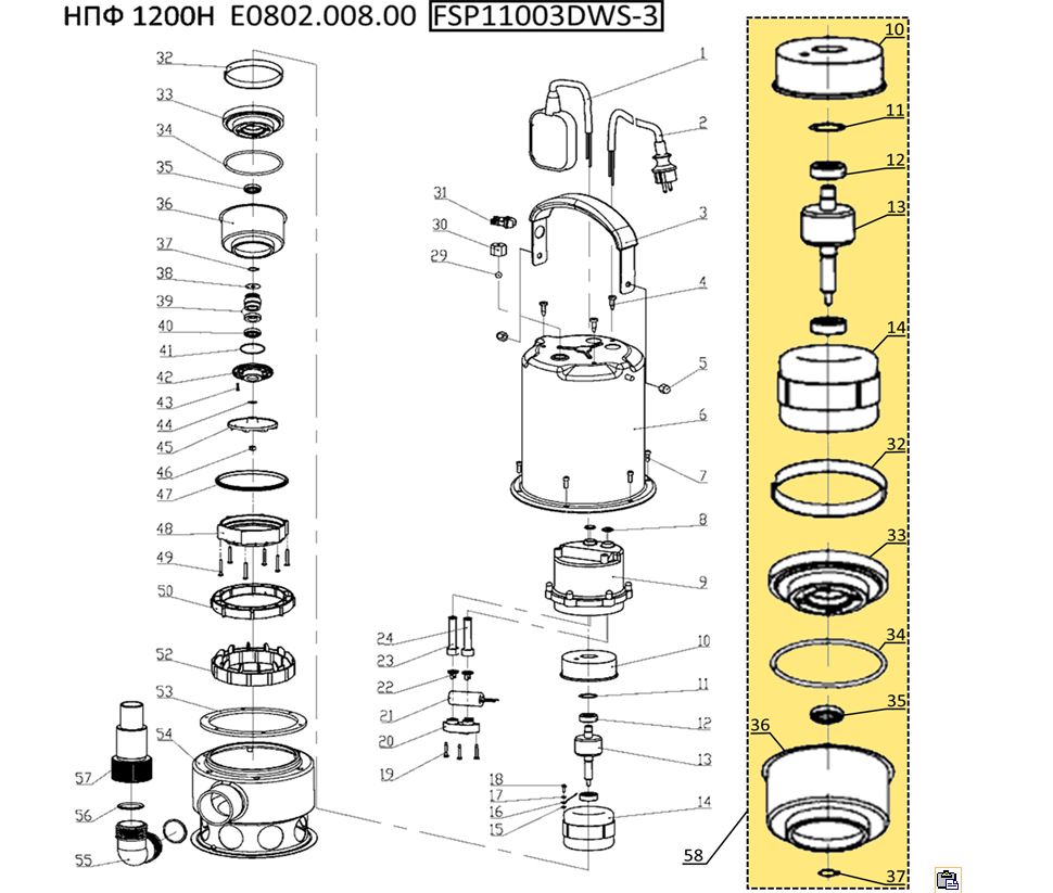 ЗАПЧАСТИ ДЛЯ НАСОСА ПОГРУЖНОГО ДЛЯ ГРЯЗНОЙ ВОДЫ ELITECH НПФ 1200Н (E0802.008.00) (2020 ГОД)