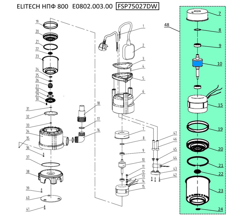 ЗАПЧАСТИ ДЛЯ НАСОСА ПОГРУЖНОГО ДЛЯ ГРЯЗНОЙ ВОДЫ ELITECH НПФ 800 (E0802.003.00) (2020 ГОД)