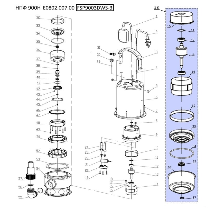 ЗАПЧАСТИ ДЛЯ НАСОСА ПОГРУЖНОГО ДЛЯ ГРЯЗНОЙ ВОДЫ ELITECH НПФ 900Н (E0802.007.00) (2020 ГОД)