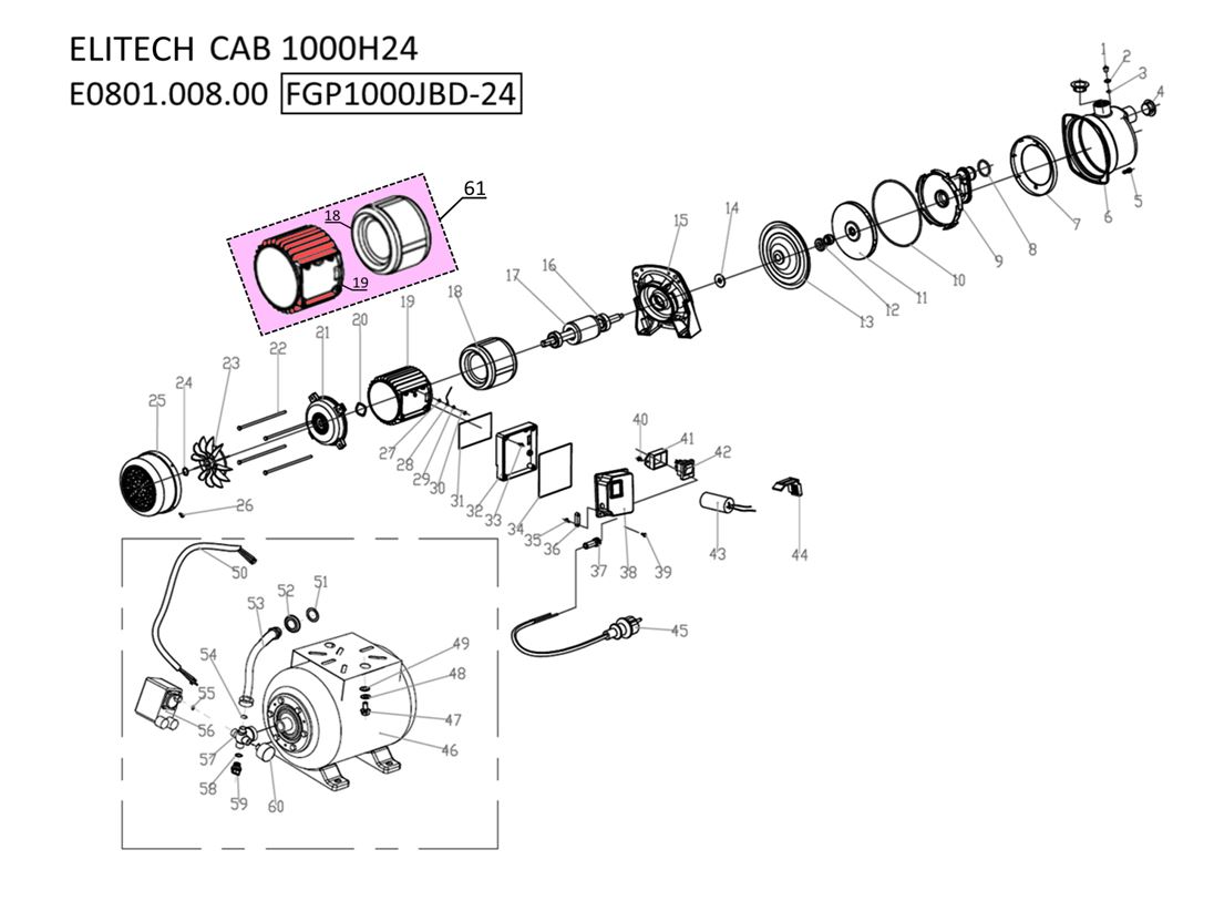 ЗАПЧАСТИ ДЛЯ НАСОСНОЙ СТАНЦИИ ELITECH САВ 1000Н/24 (E0801.008.00) (2020 ГОД)