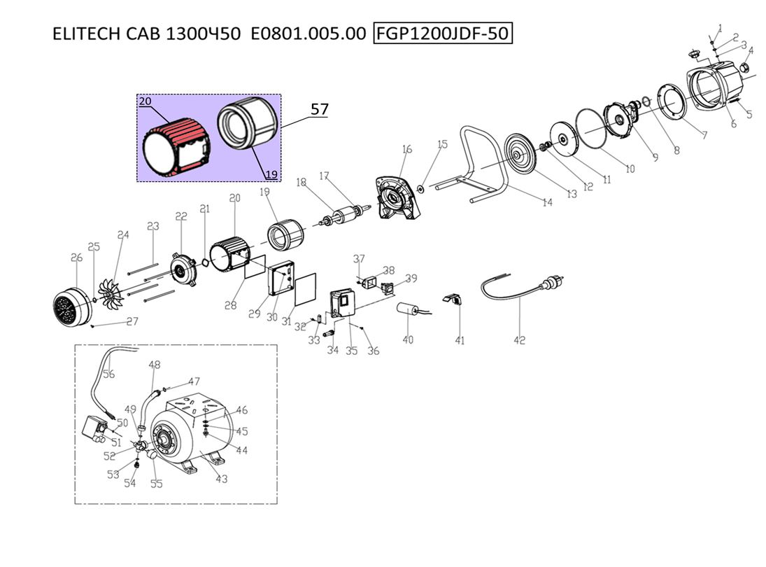 ЗАПЧАСТИ ДЛЯ НАСОСНОЙ СТАНЦИИ ELITECH САВ 1300Ч/50 (E0801.005.00) (2020 ГОД)