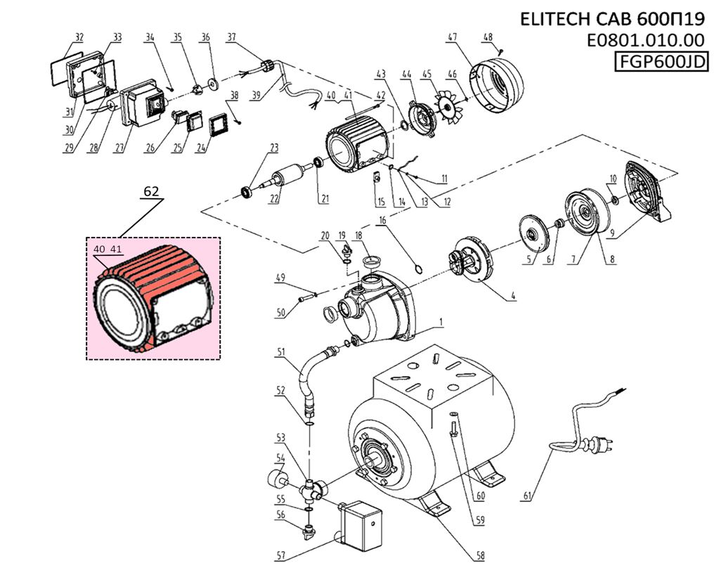 ЗАПЧАСТИ ДЛЯ НАСОСНОЙ СТАНЦИИ ELITECH САВ 600П/19 (E0801.010.00) (2020 ГОД)